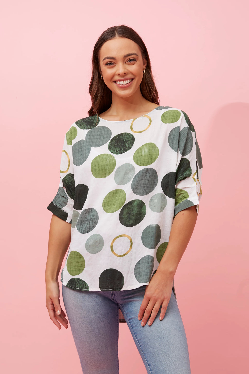 TARA POLKA DOT PRINT HI LOW HEM TOP