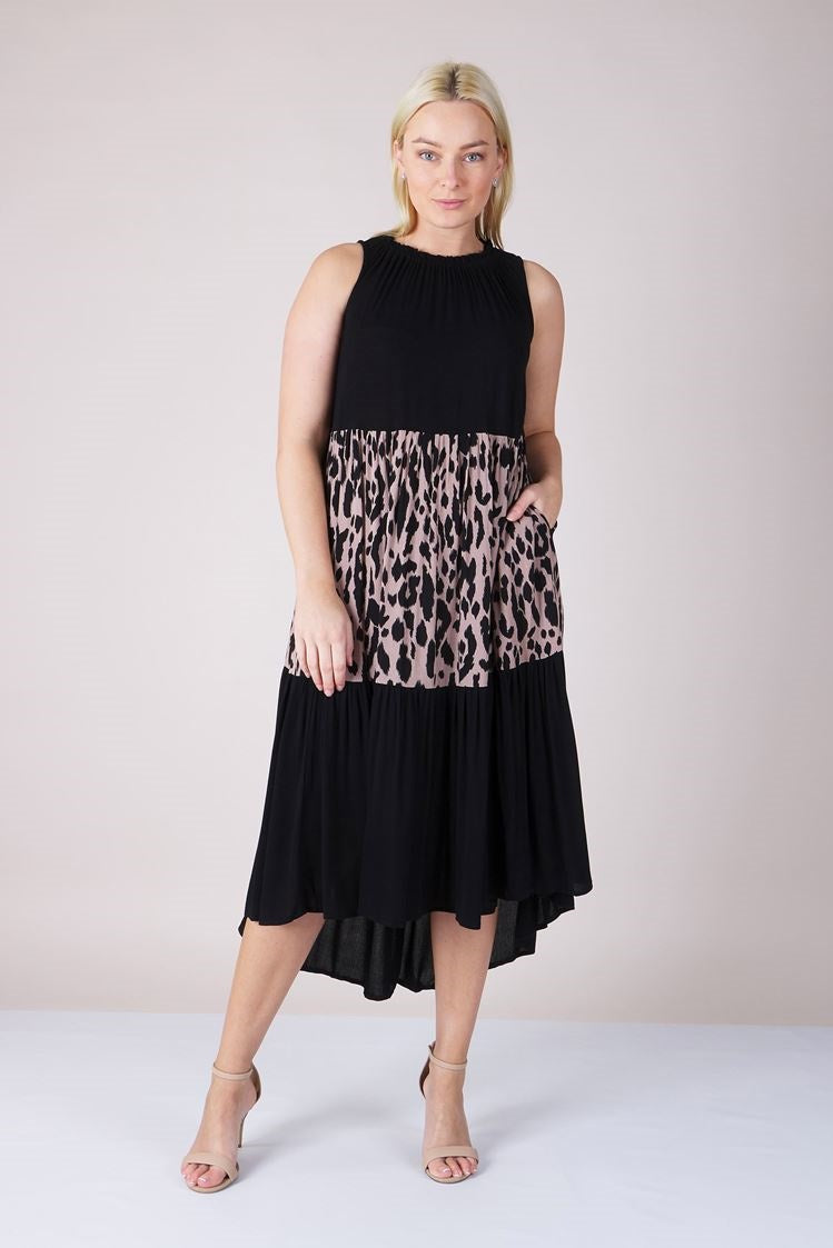 TIERED ANIMAL PRINT MIDI DRESS
