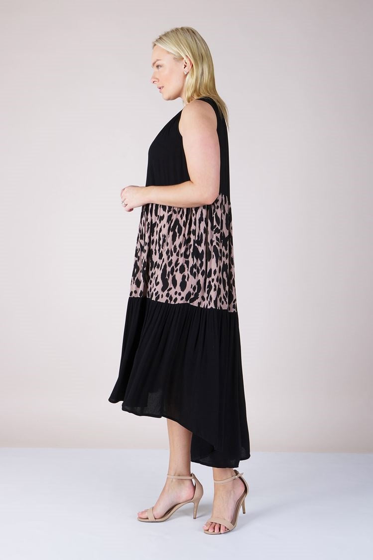 TIERED ANIMAL PRINT MIDI DRESS