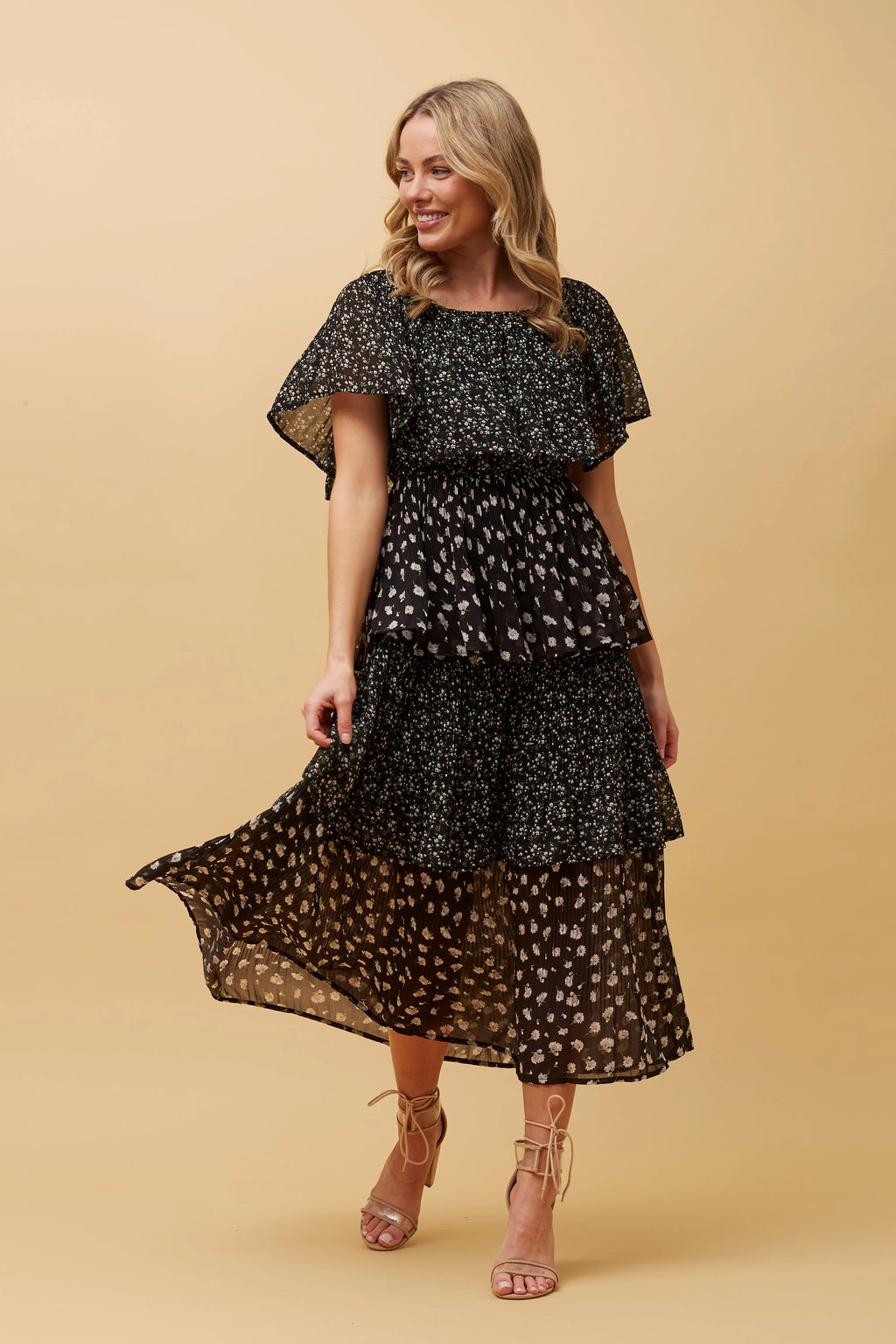 TIERED PLEATED FLORAL DRESS