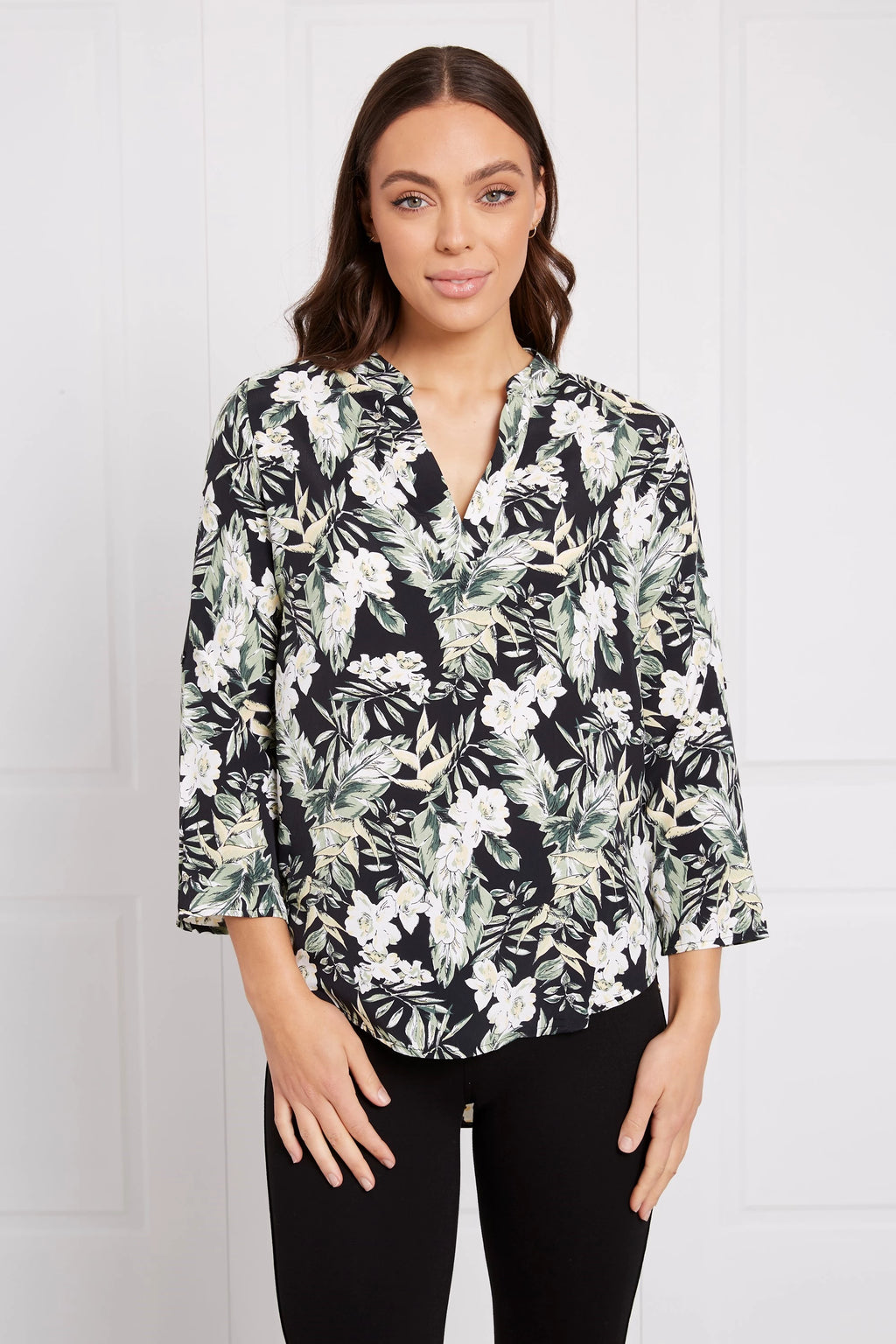 TROPICAL MANDARIN COLLAR BLOUSE