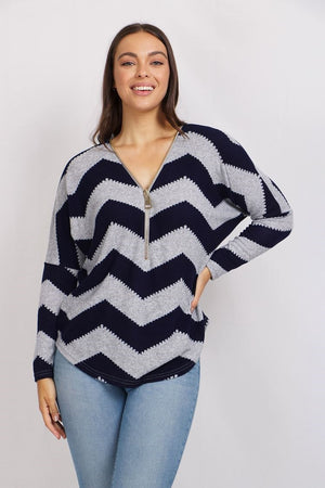 Long Sleeve Chevron Print Top With Front Zip Neckline