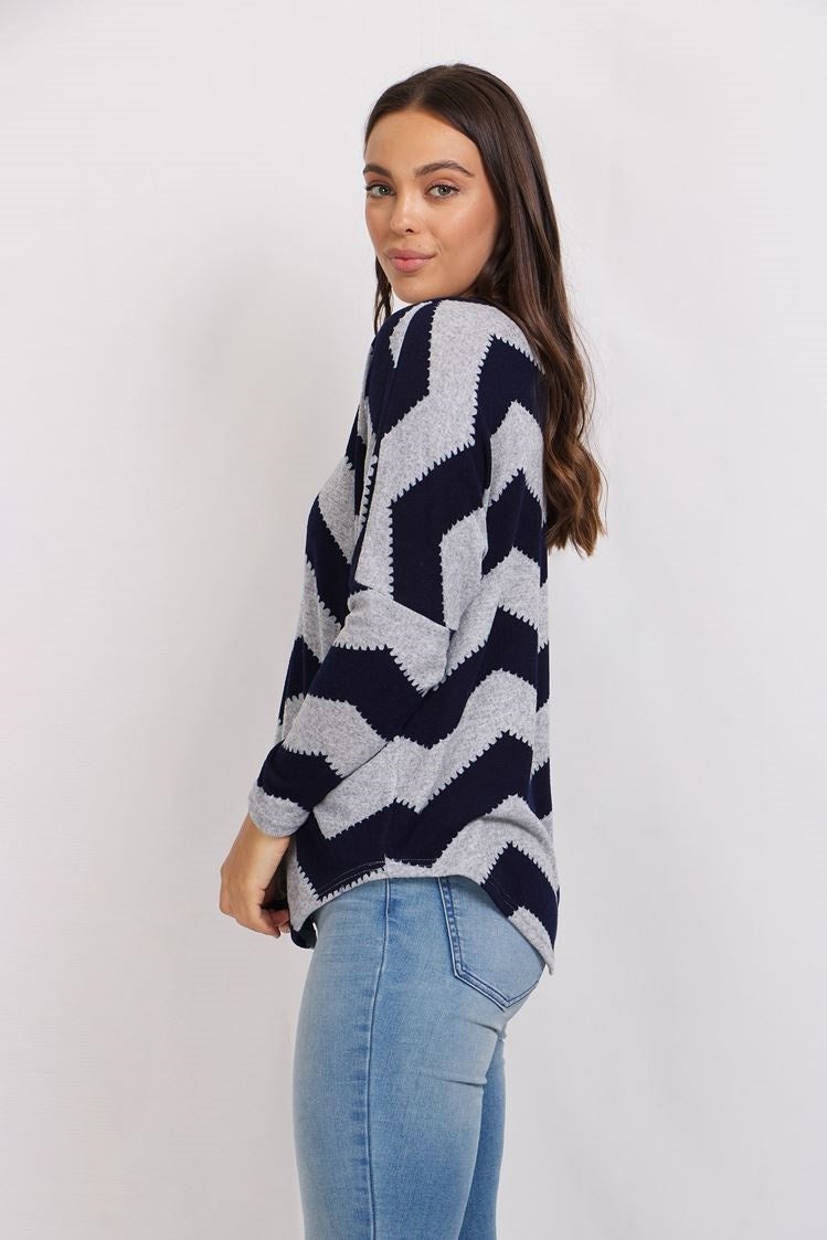 Long Sleeve Chevron Print Top With Front Zip Neckline