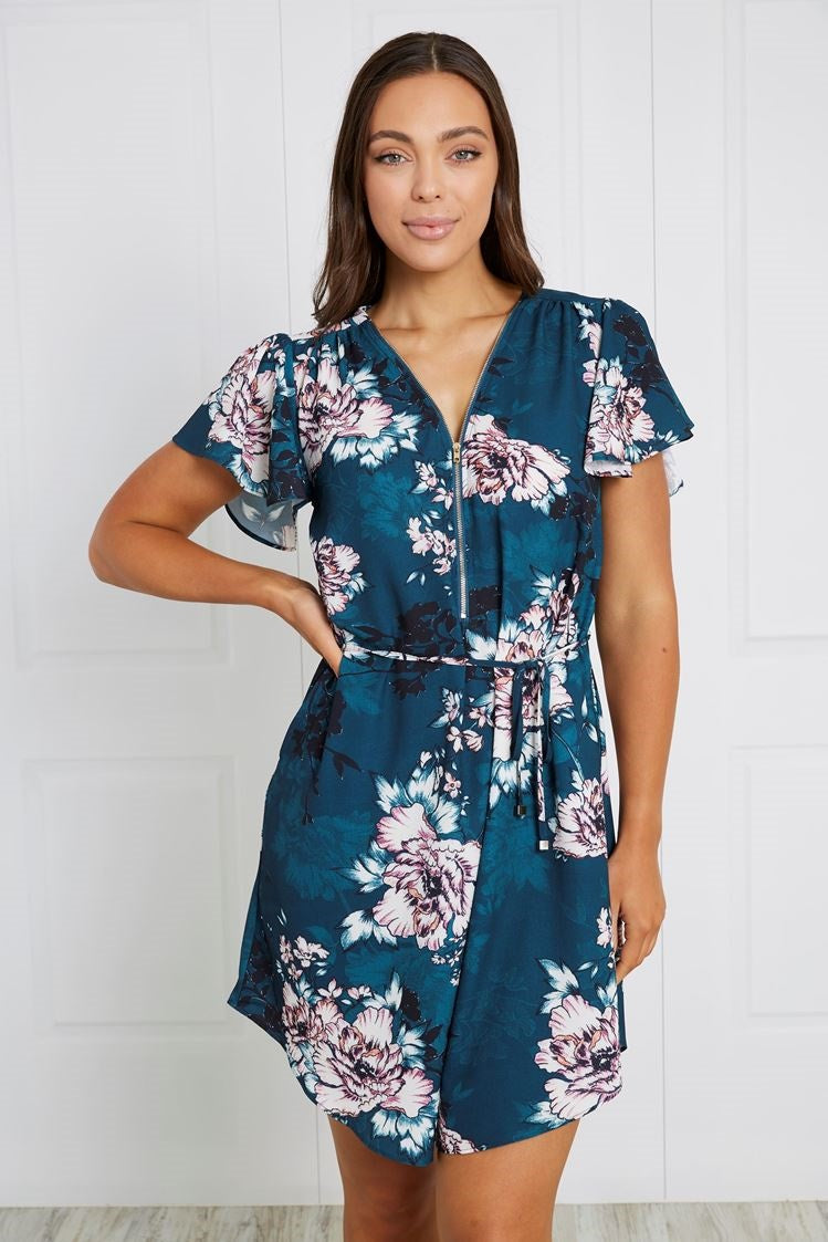 ZIP FRONT FLORAL SHORT DRESS