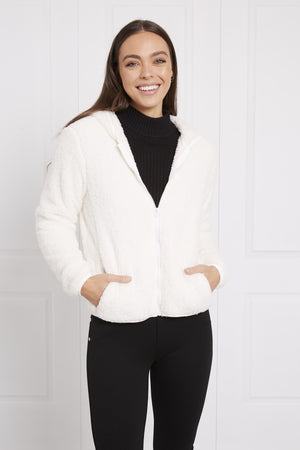 ZIP FRONT HOODED FAUX FUR JACKET