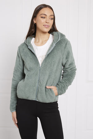 ZIP FRONT HOODED FAUX FUR JACKET